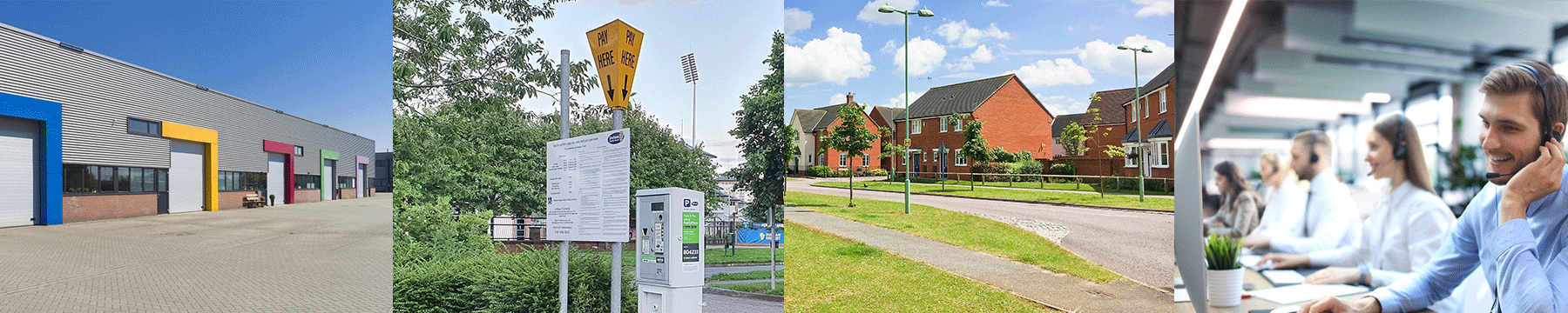 Factory units, car park, housing and people in a call centre images